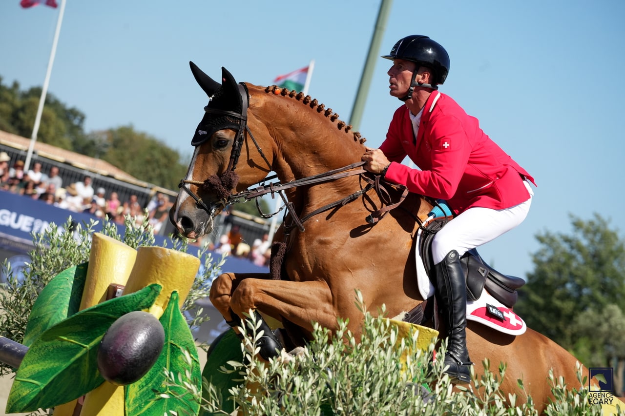 Alain Jufer in a red Swiss team jacket jumping a chestnut horse