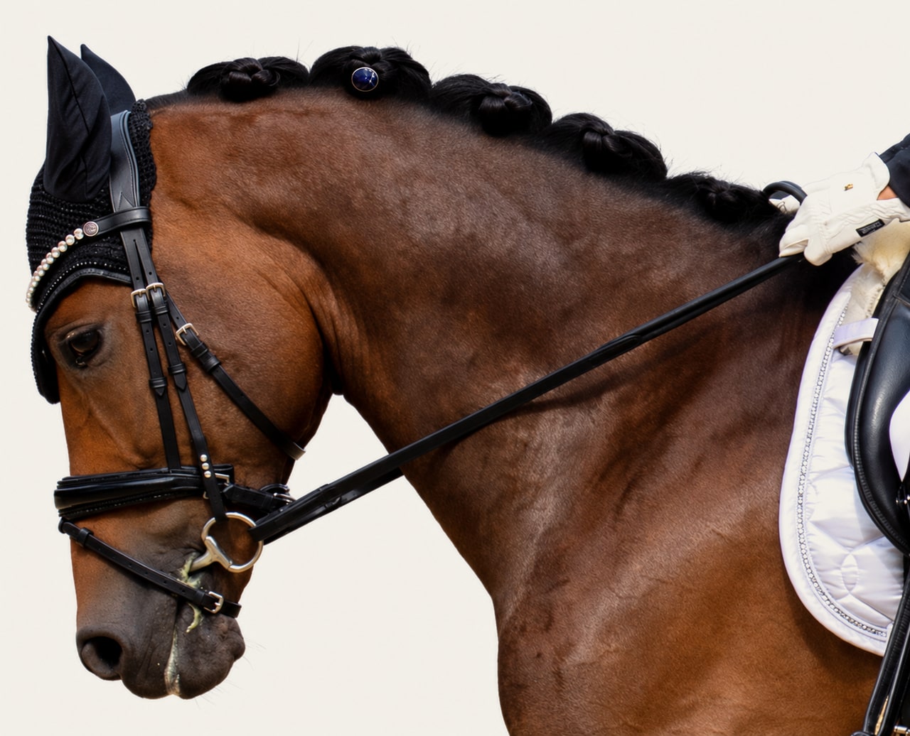 Second correct fitting example: a pin resting centrally against the compact braid of a brown horse